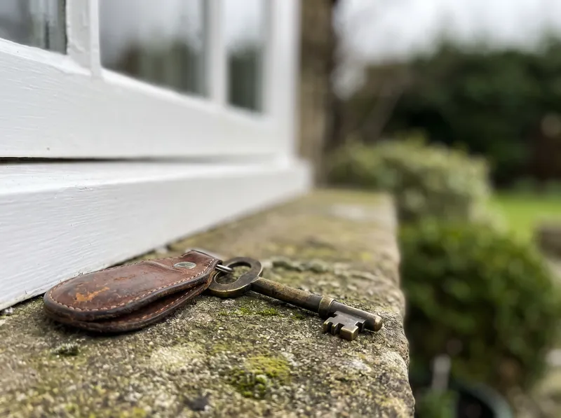 Messingschlüssel mit Lederanhänger auf einer Fensterbank