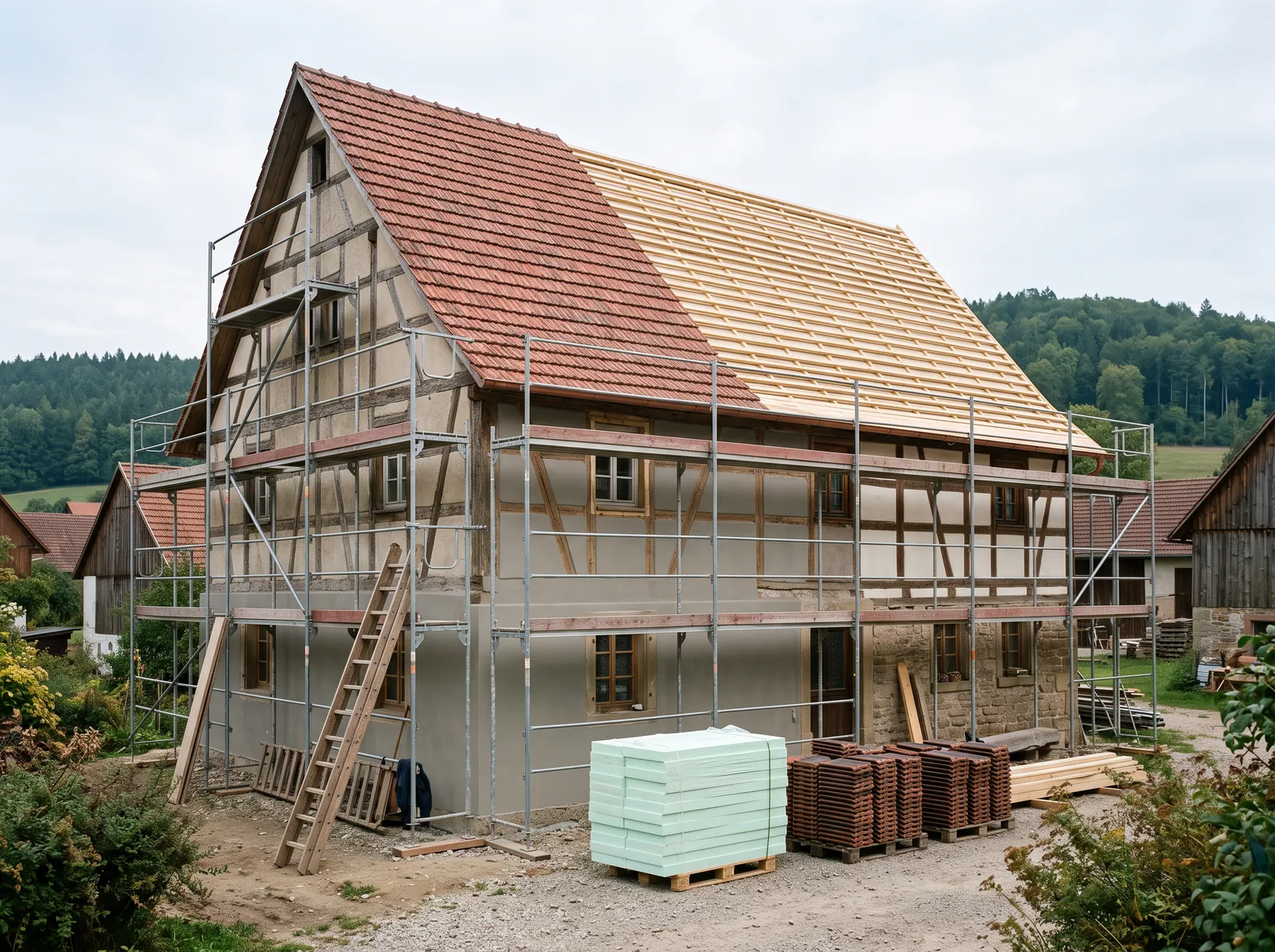 Gerüst an einer teilweise neu verputzten Fassade eines älteren Hauses