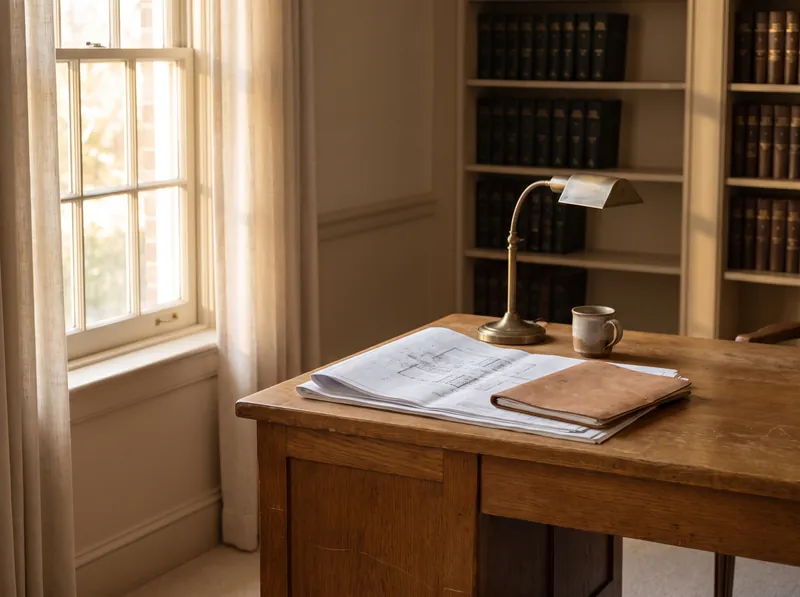Schreibtisch am Fenster mit Bauplänen und Grundbuchmappe