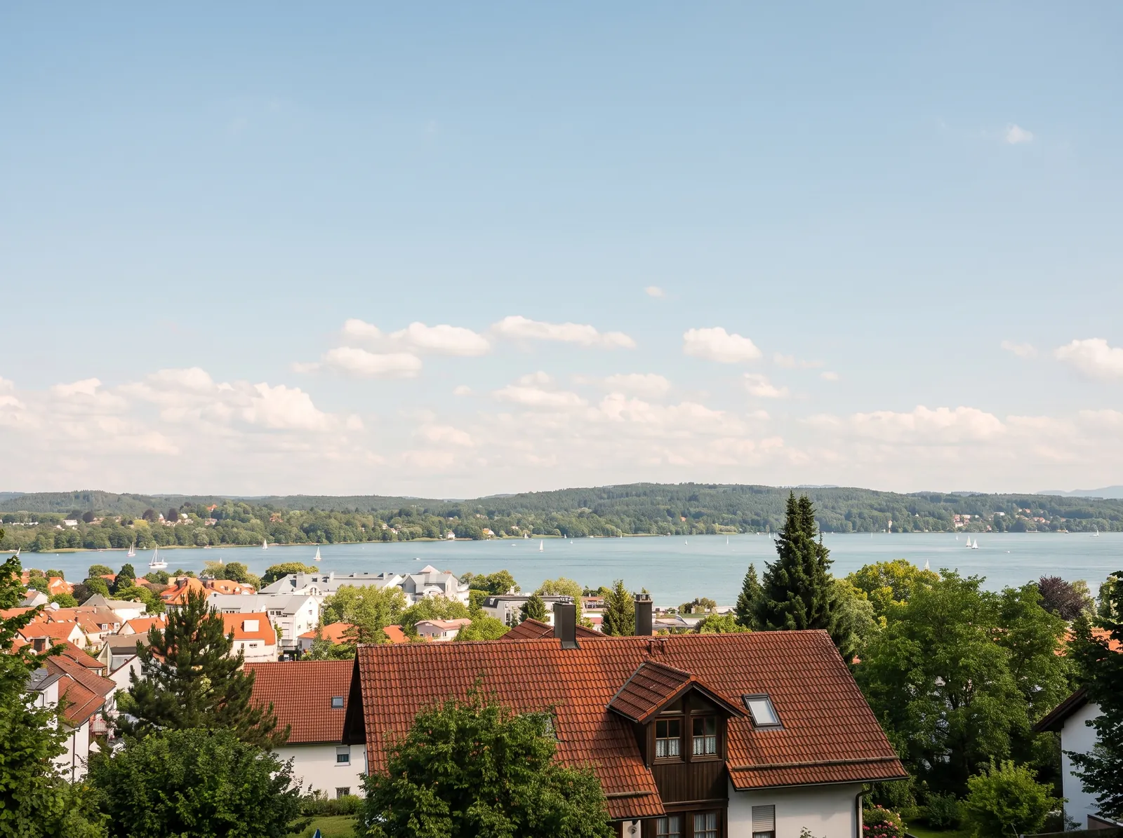 Blick über rote Ziegeldächer auf den Starnberger See und die Hügel dahinter
